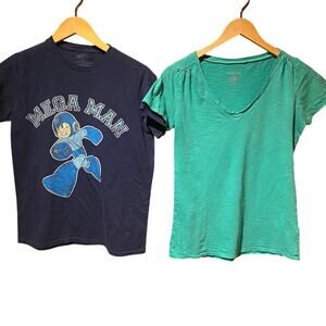 Y2K Retro Mega Man Tshirt and Teal Vneck 2 tshirt bundle size small Casual Comfy
